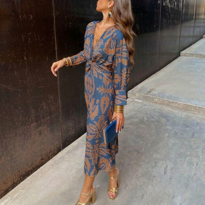 Isadora – Abito Midi Elegante con Nodo in Vita e Stampa Artistica