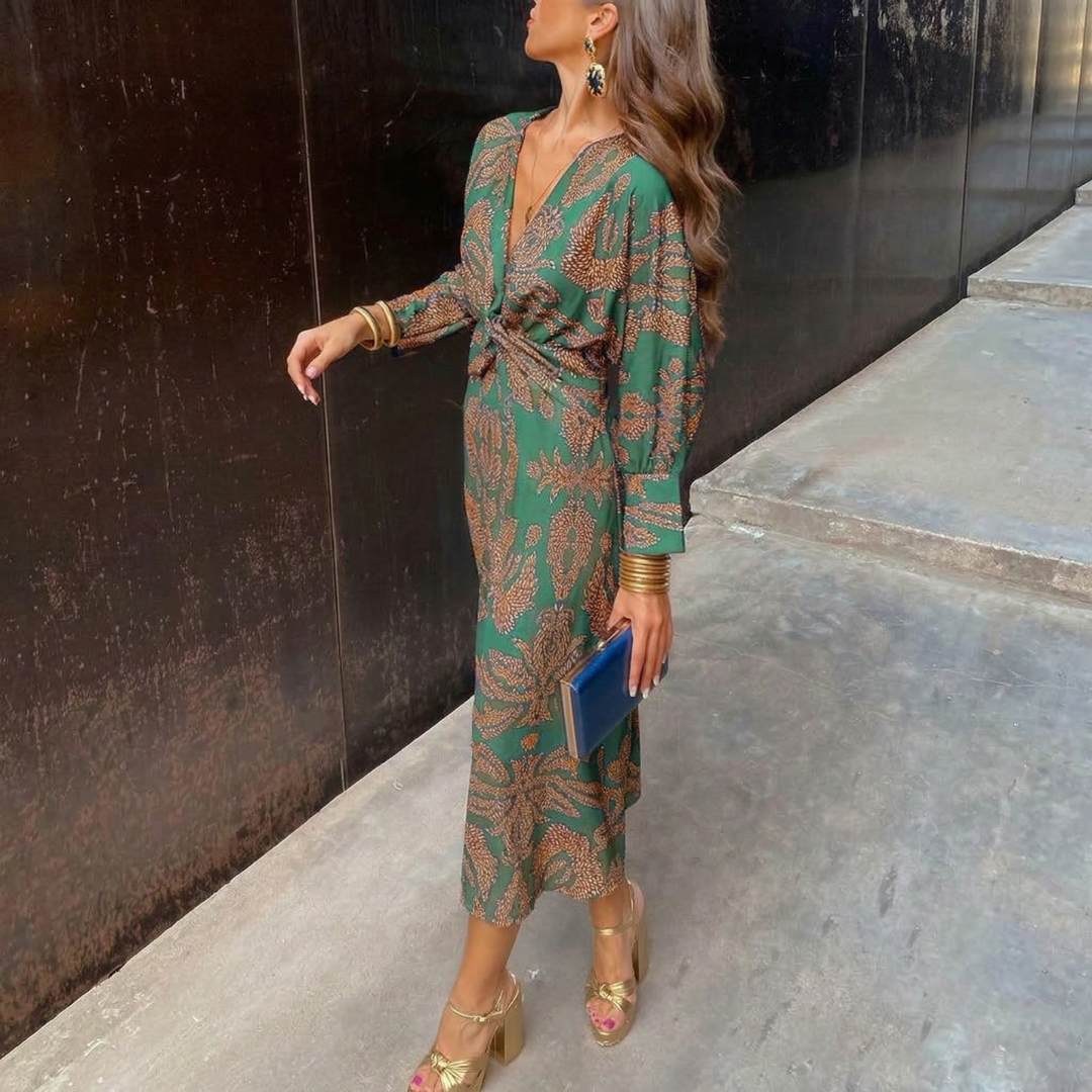 Isadora – Abito Midi Elegante con Nodo in Vita e Stampa Artistica
