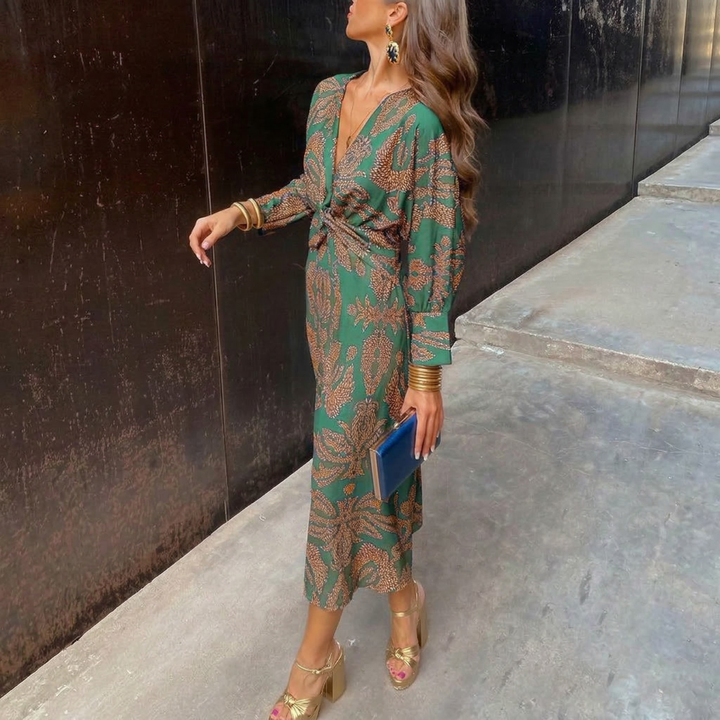 Isadora – Abito Midi Elegante con Nodo in Vita e Stampa Artistica