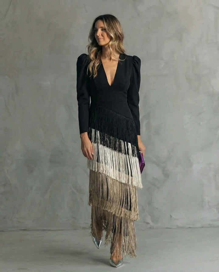 Clara | Abito midi elegante con maniche a frange